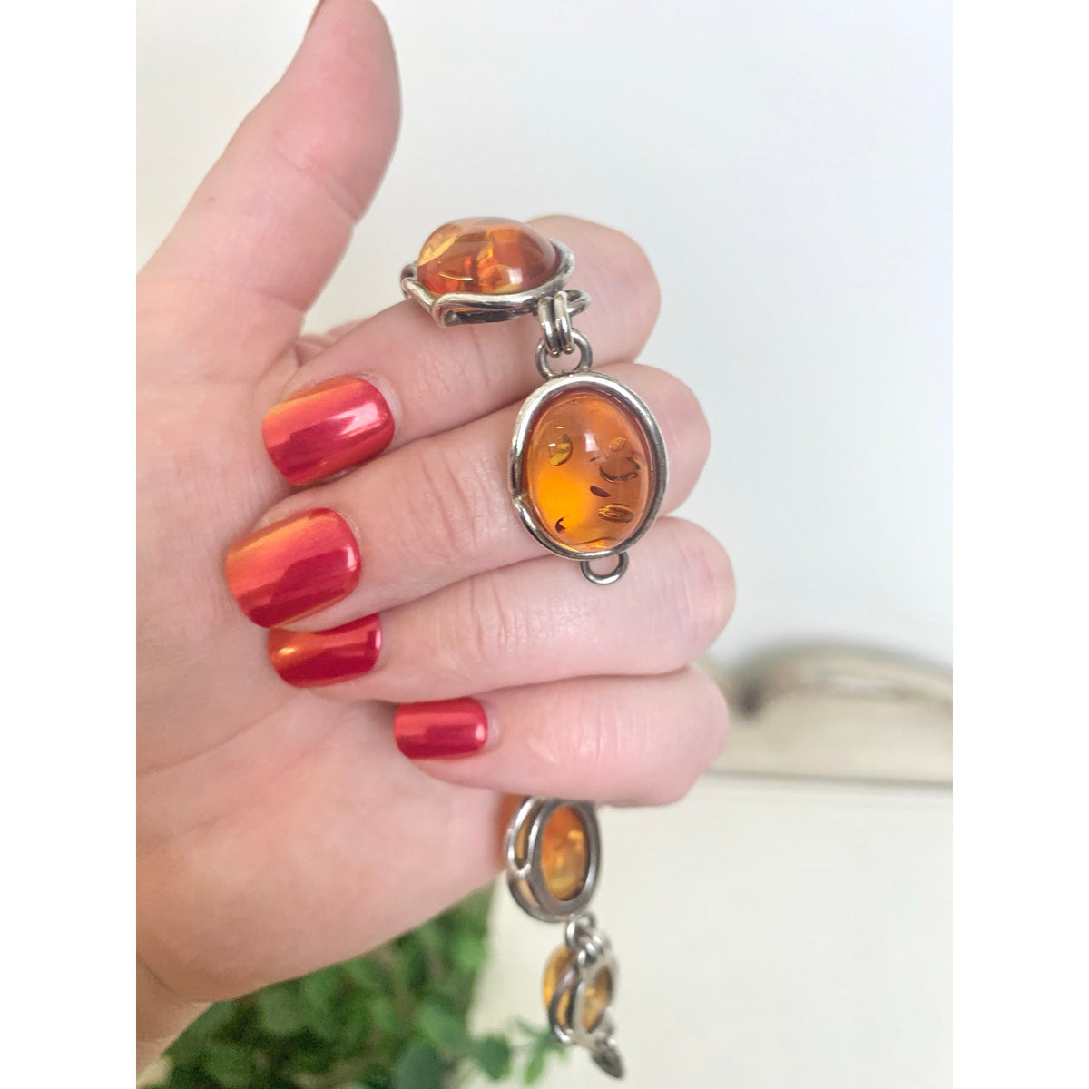 Vintage 925 Sterling Silver Amber Bracelet Six Stone Oval Link Jewelry Boho Southwestern
