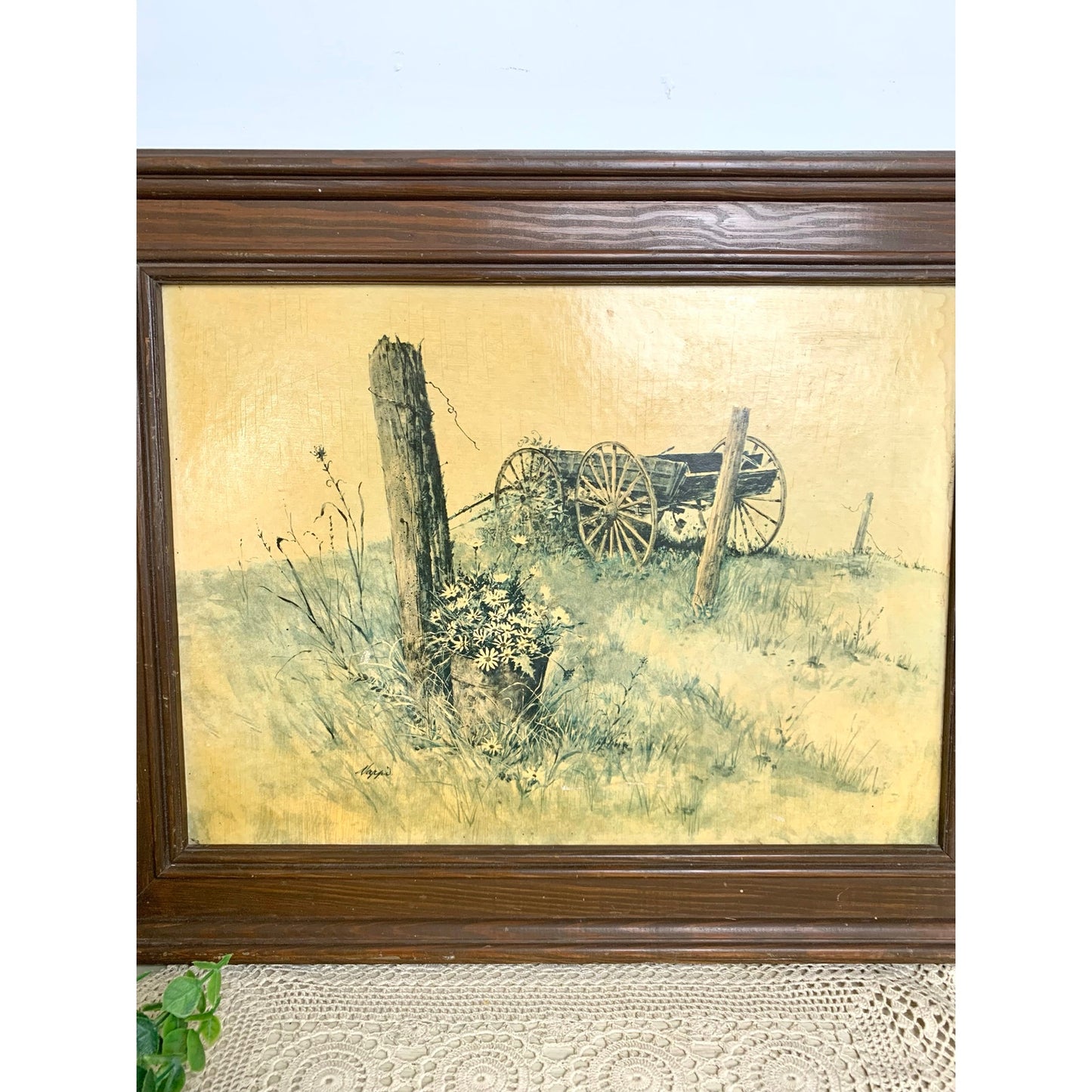 Vintage Daisy Wagon Landscape Print Rustic Farmhouse Wall Art Framed Country Cottage