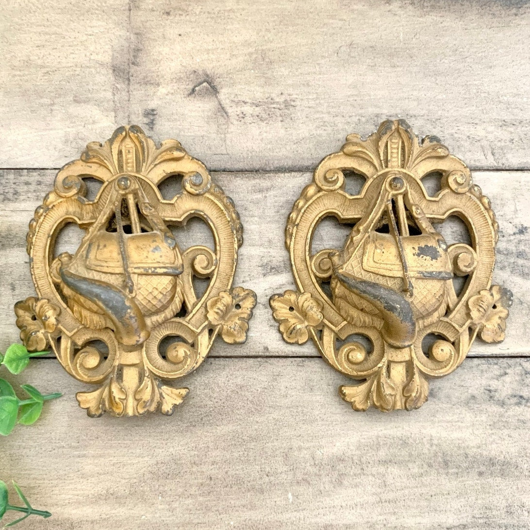 Antique French Revival Furniture Mounts Ornate Architectural Crest Pair Wall Decals