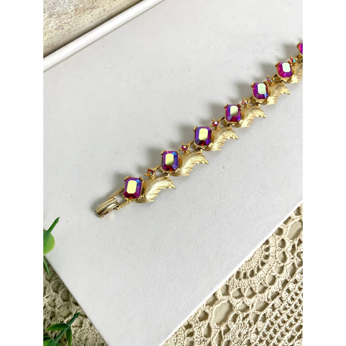 Vintage Pink Aurora Borealis Rhinestone Bracelet Gold Leaf Statement Jewelry Glam