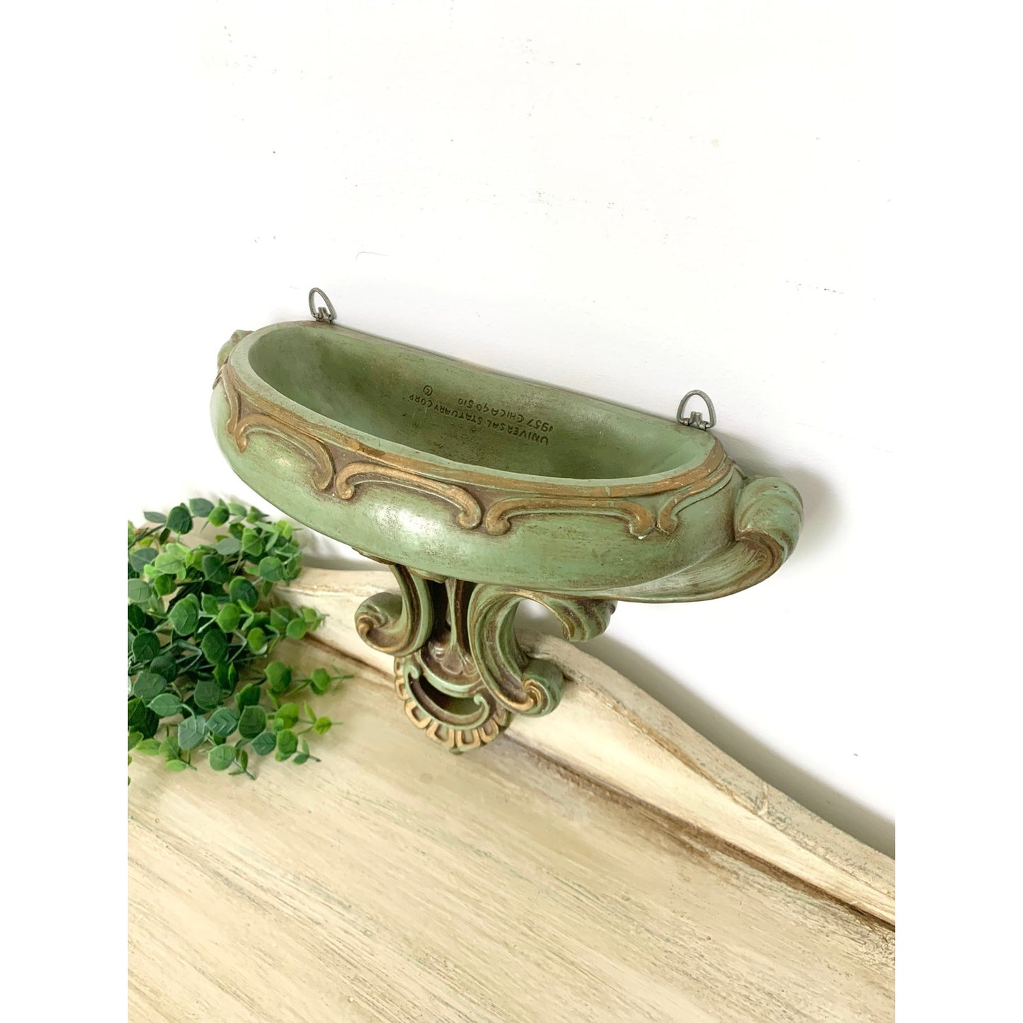 Vintage Wall Pocket Shelf Universal Statuary 1957 Green Gold Hollywood Regency