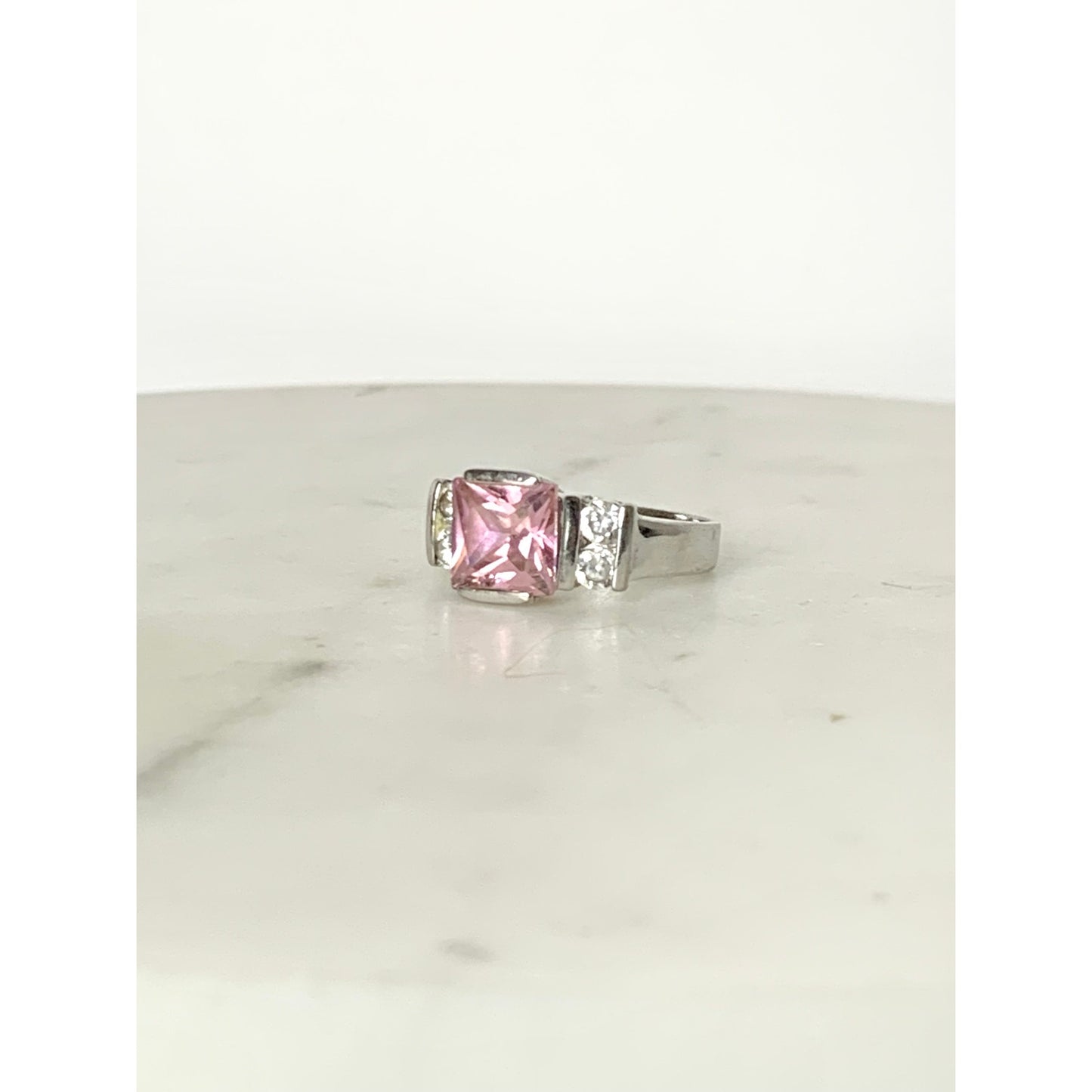 Vintage Sterling Silver Pink Princess Cut CZ Ring Size 8.25 Cocktail Art Deco