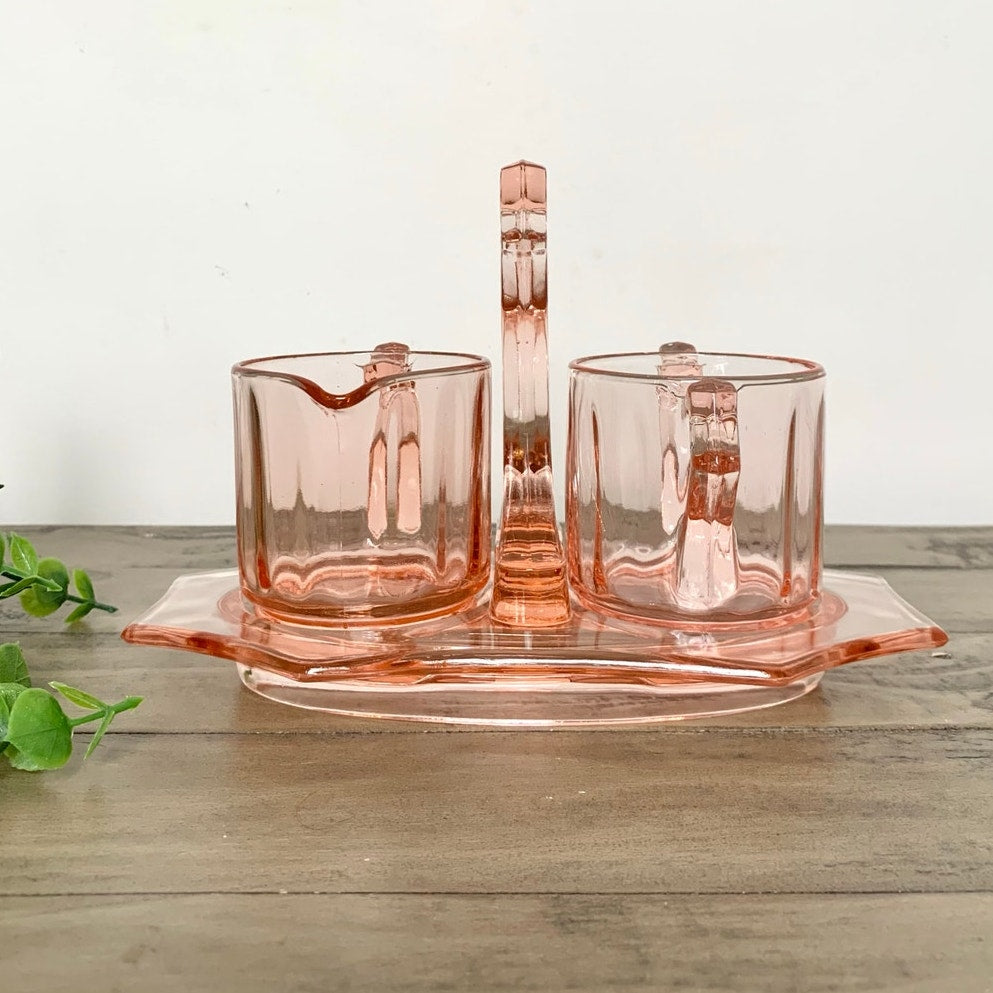 Vintage Cambridge Pink Depression Glass Cream and Sugar Set with Caddy
