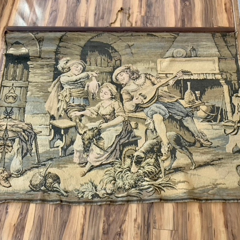 Antique French Renaissance Revival Tapestry Wall Hanging Romantic Courtship Scene