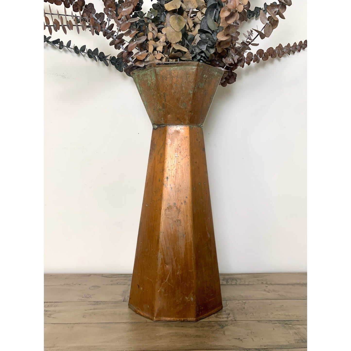 Vintage Copper Vase with Natural Verdigris Patina Large Statement Vessel Rustic