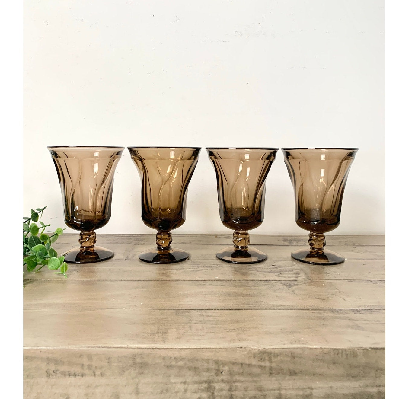 Vintage Fostoria Jamestown Brown Smokey Swirl Goblets Glasses Set of 4 Mid Century
