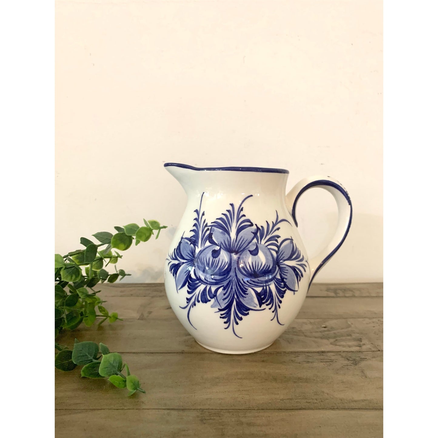 Vintage Blue & White Floral Pitcher Hand Painted Portugal Ceramic Vase Cottage