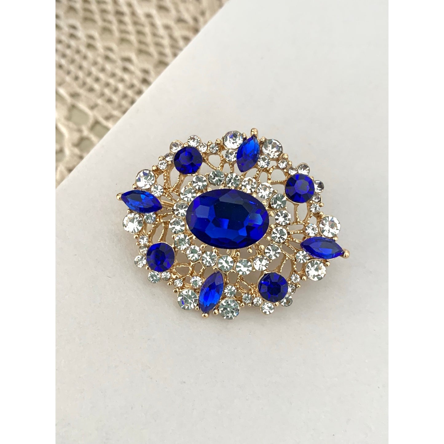 Blue Glass Rhinestone Statement Brooch Goldtone Clear Accents Romantic Vintage Style