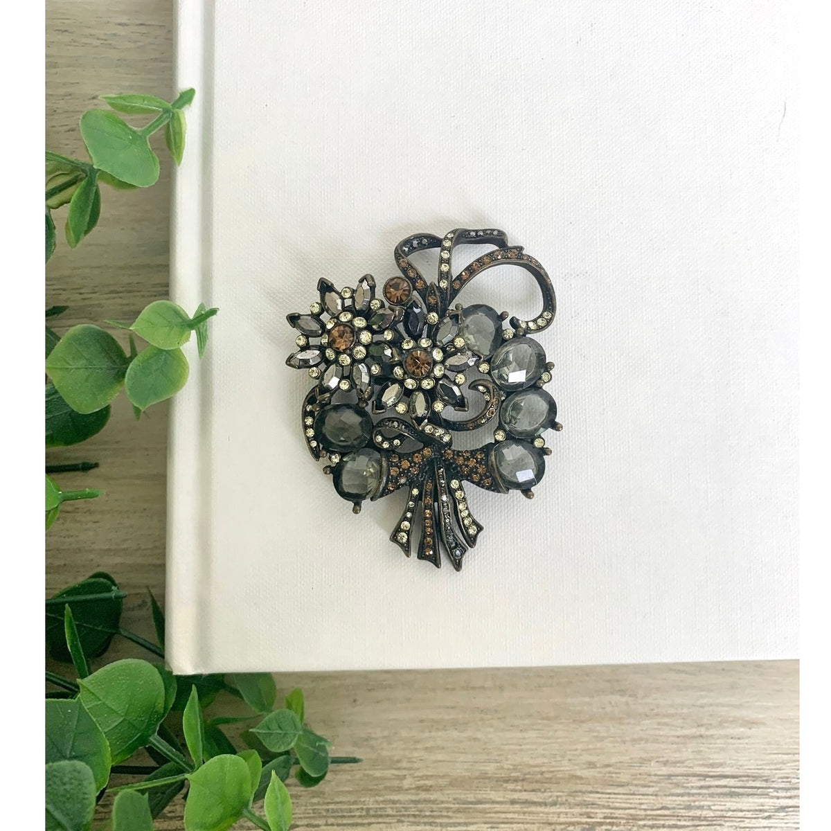 Vintage Avon Smoky Gray Topaz Glass Rhinestone Floral Bouquet Brooch Statement Pin