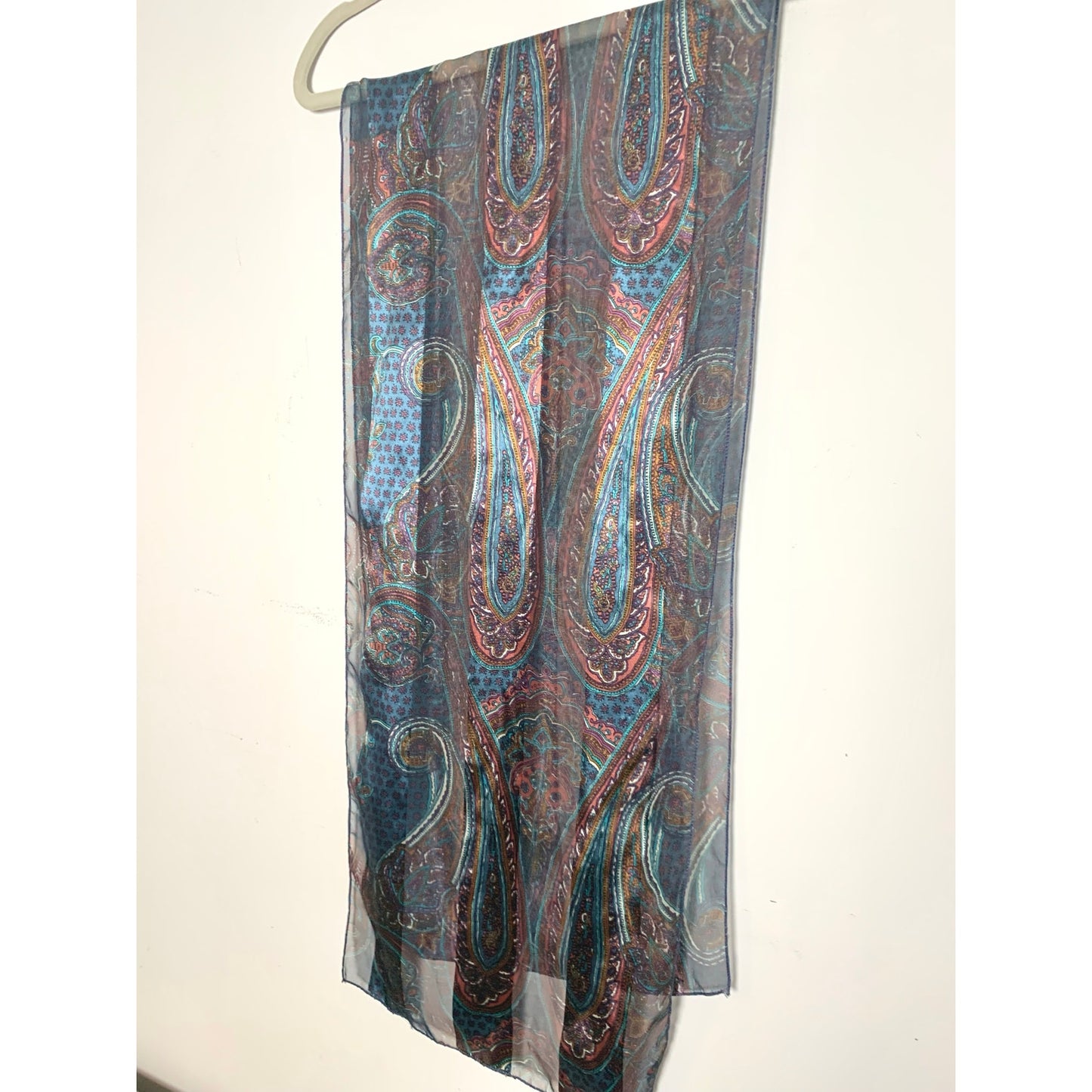 Vintage Sheer Paisley Scarf in Blue Teal and Burgundy Pink Boho Retro Pattern Fall Quiet Luxury