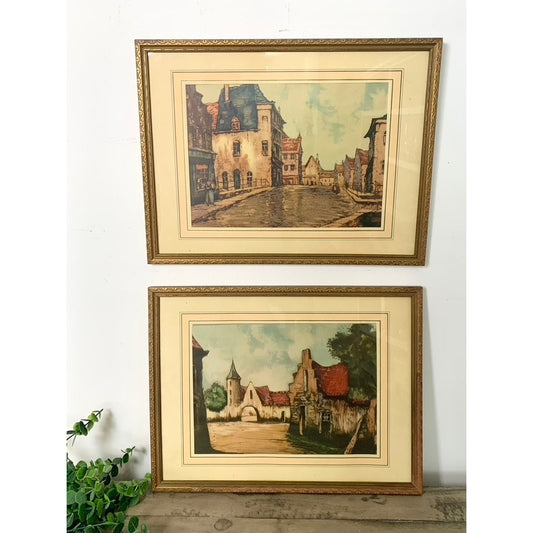 Antique Framed European Village Prints Pair Gold Ornate Frames Vintage Wall Decor