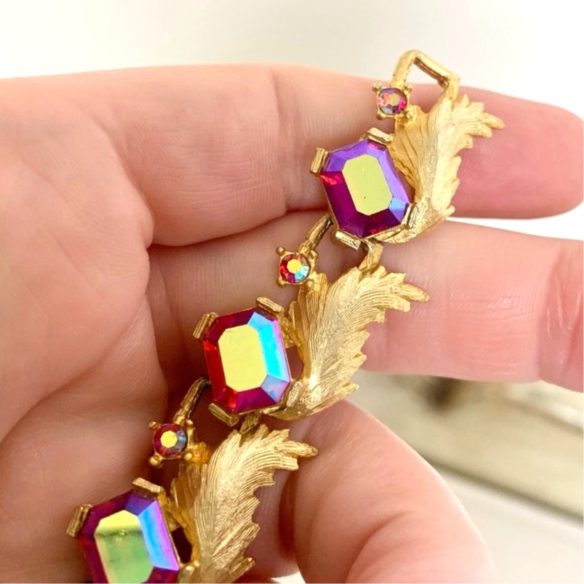 Vintage Pink Aurora Borealis Rhinestone Bracelet Gold Leaf Statement Jewelry Glam