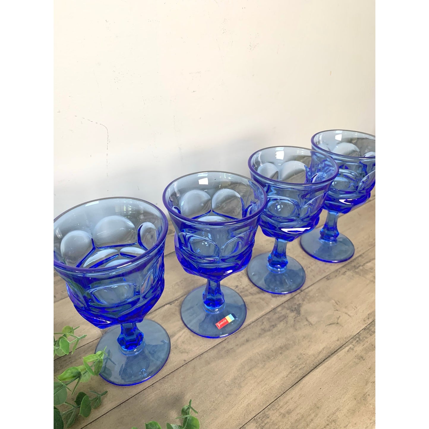 Vintage Fostoria Argus Blue Water Goblets Stem Mid Century Glassware Retro Set 4