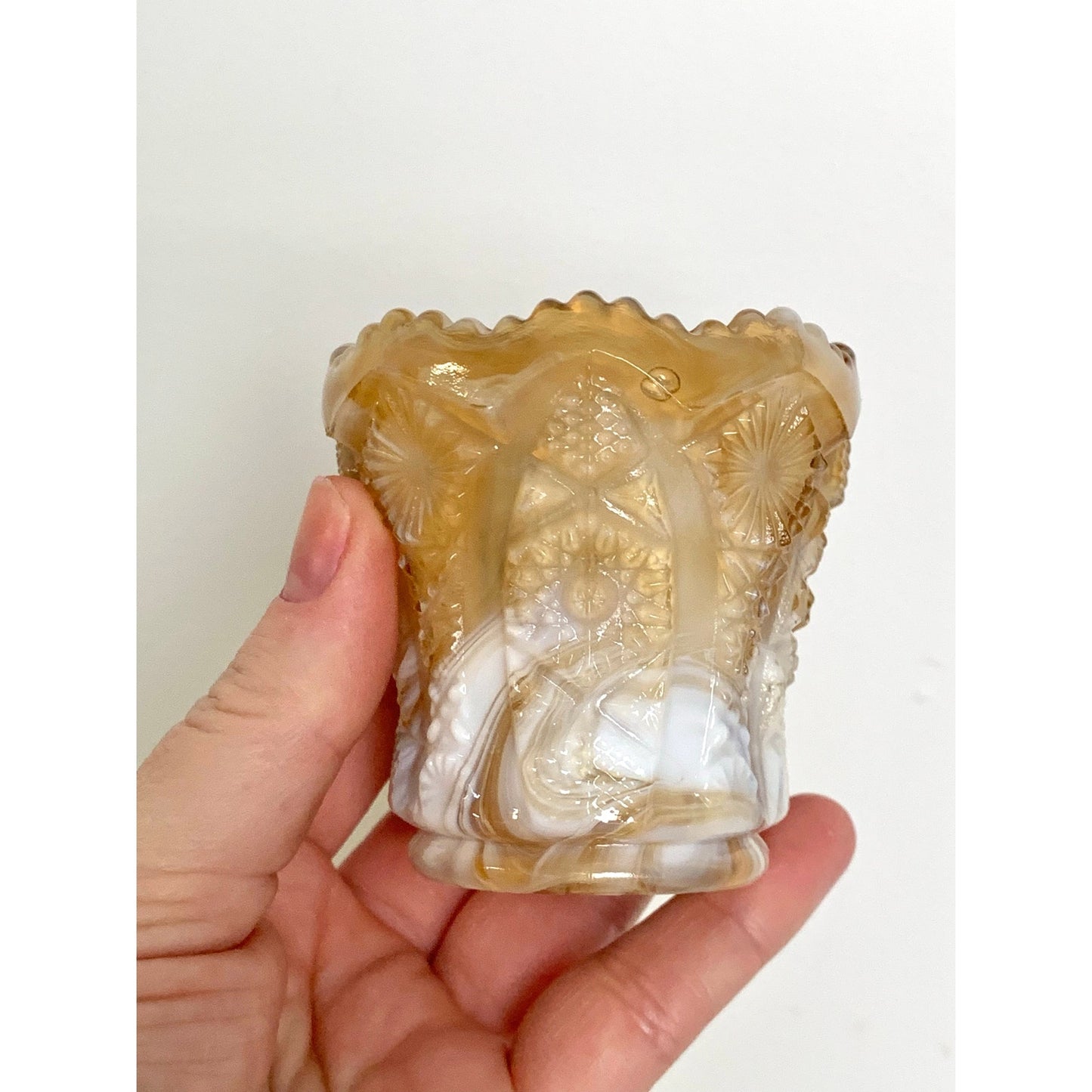 Vintage Imperial Slag Glass Toothpick Holder Caramel White Marbled Match Holder Votive