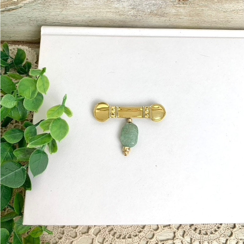 Vintage Gold Tone Bar Brooch with Green Stone Dangle Jade Style Drop Pin