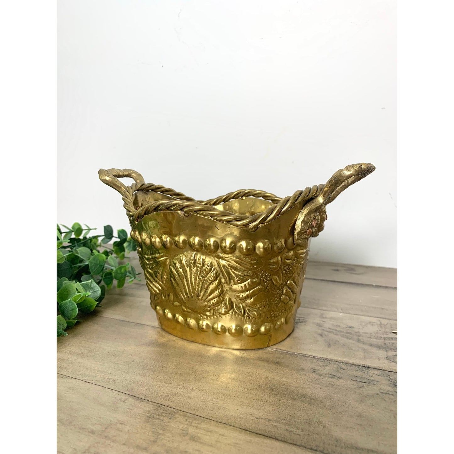 Vintage Brass Planter Basket with Handles – Made in India, Coastal Shell Cottage