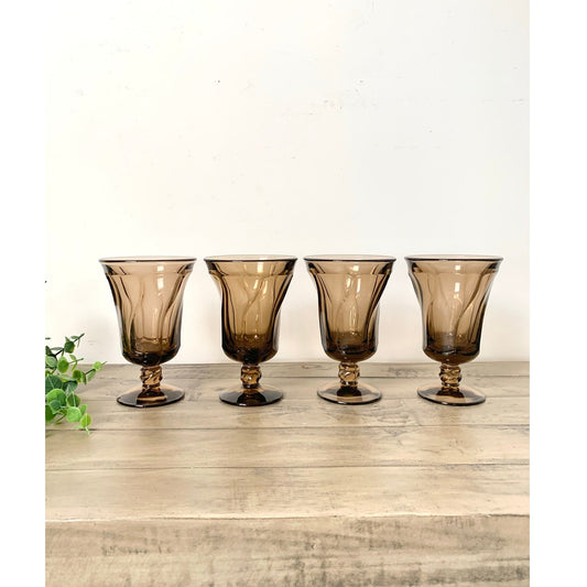 Vintage Fostoria Jamestown Brown Smokey Swirl Goblets Glasses Set of 4 Mid Century