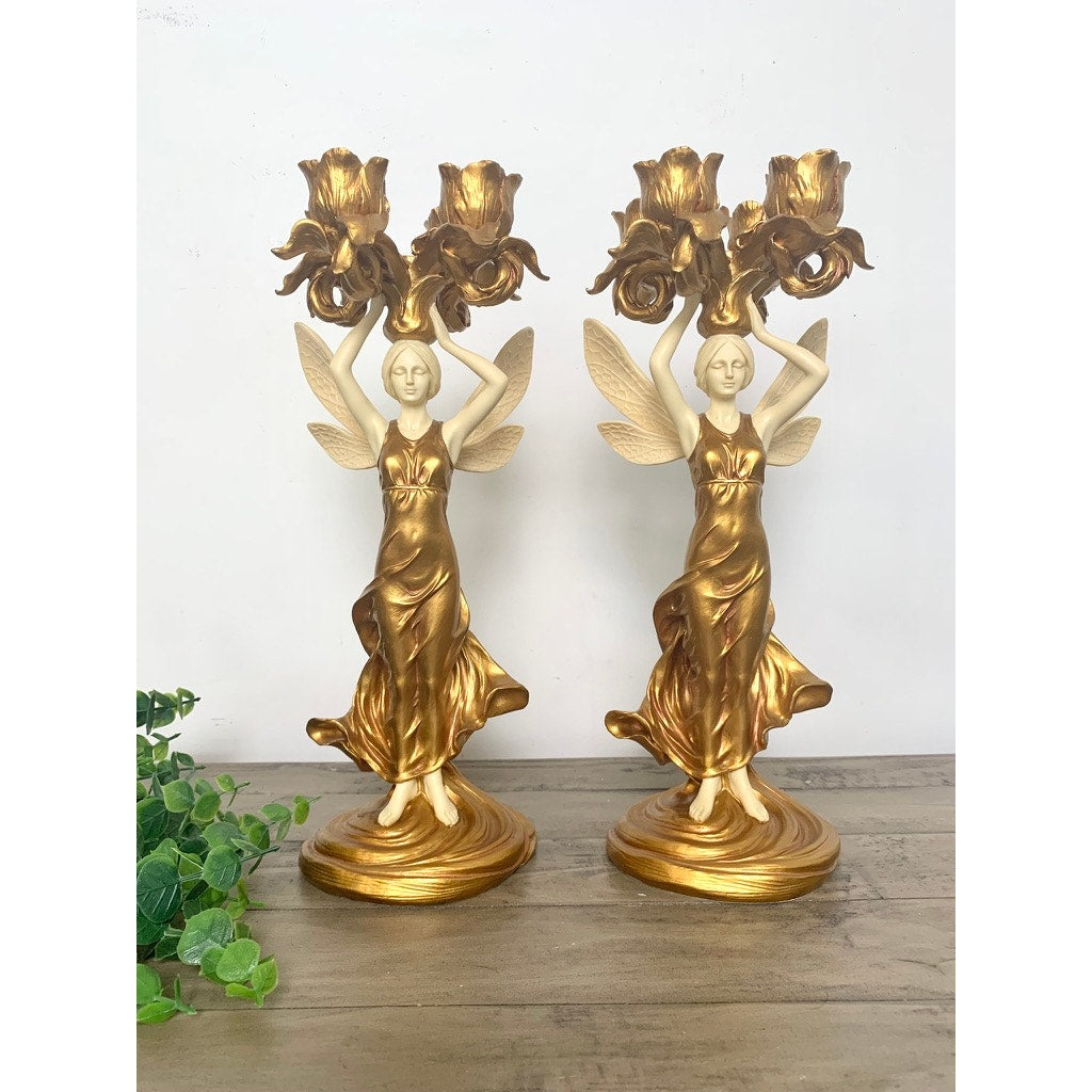 Vintage Art Nouveau Style Winged Women Candelabra Pair Gold Figural Fairy Candle