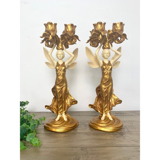 Vintage Art Nouveau Style Winged Women Candelabra Pair Gold Figural Fairy Candle
