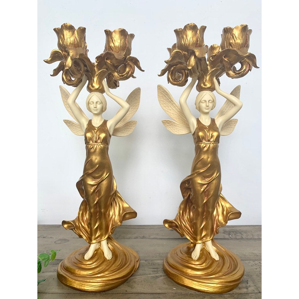 Vintage Art Nouveau Style Winged Women Candelabra Pair Gold Figural Fairy Candle
