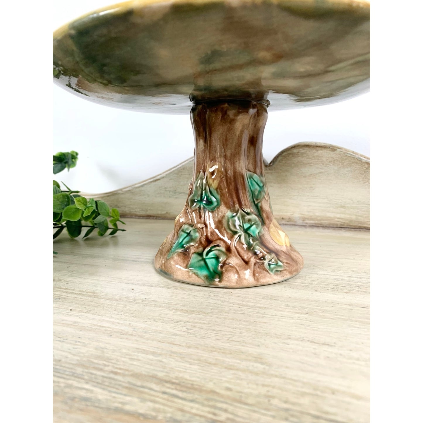 Antique Majolica Pedestal Cake Stand Maple Leaf Compote Etruscan Riser Dessert Victorian Pottery