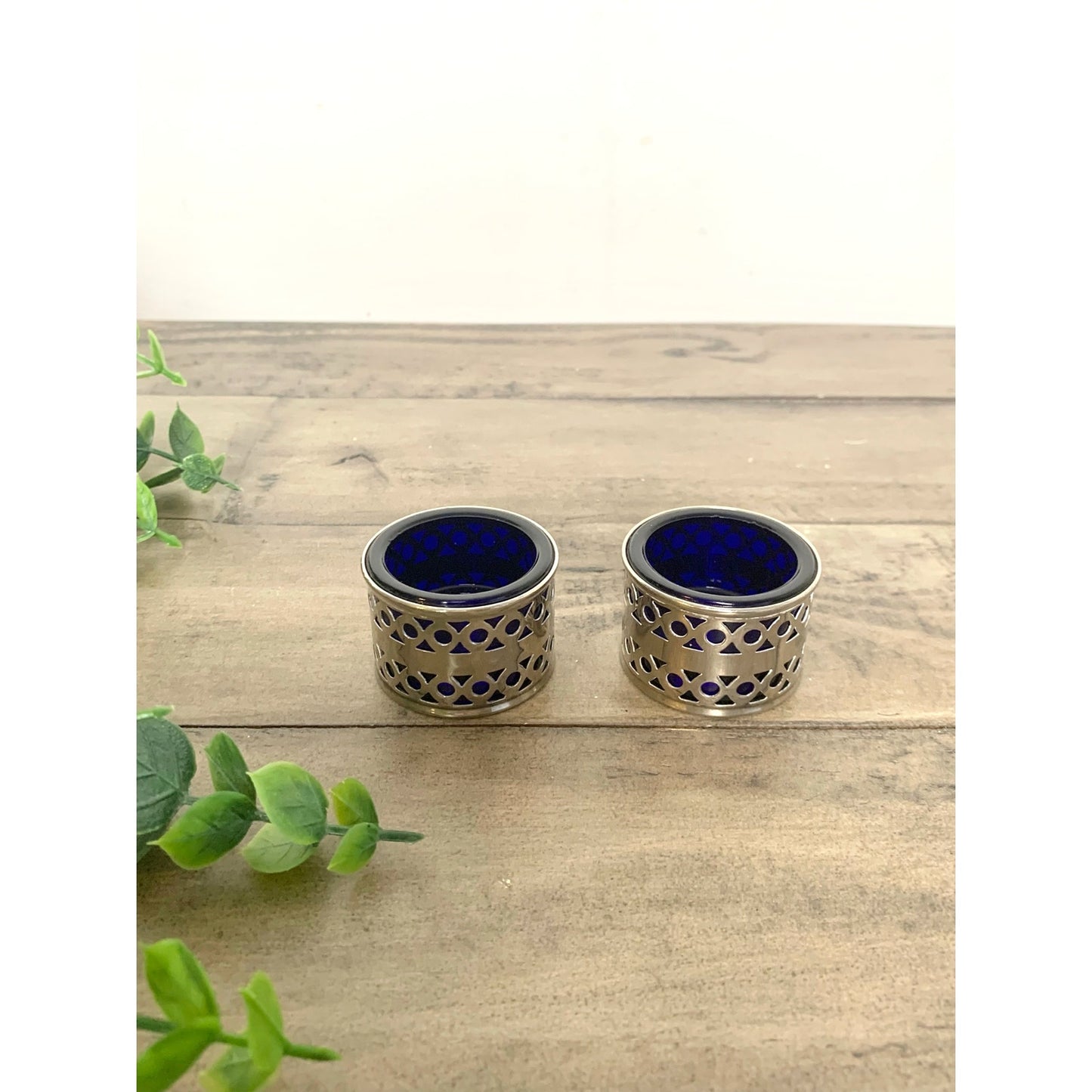 Vintage Silver EPNS Cobalt Blue Glass Salt Cellars Pair Ornate Made in England