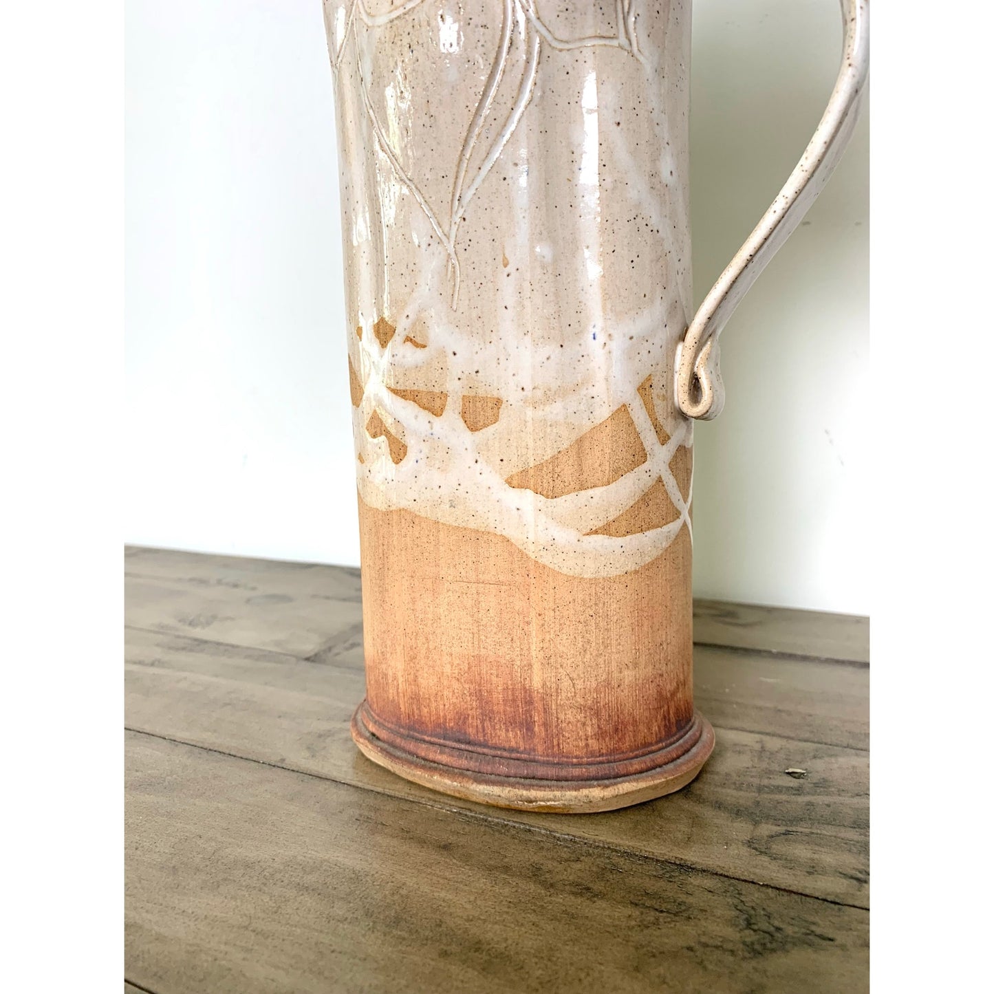 Handmade Artisan Pottery Pitcher Vase, Stoneware Rustic Neutral Glaze, 12.75" H