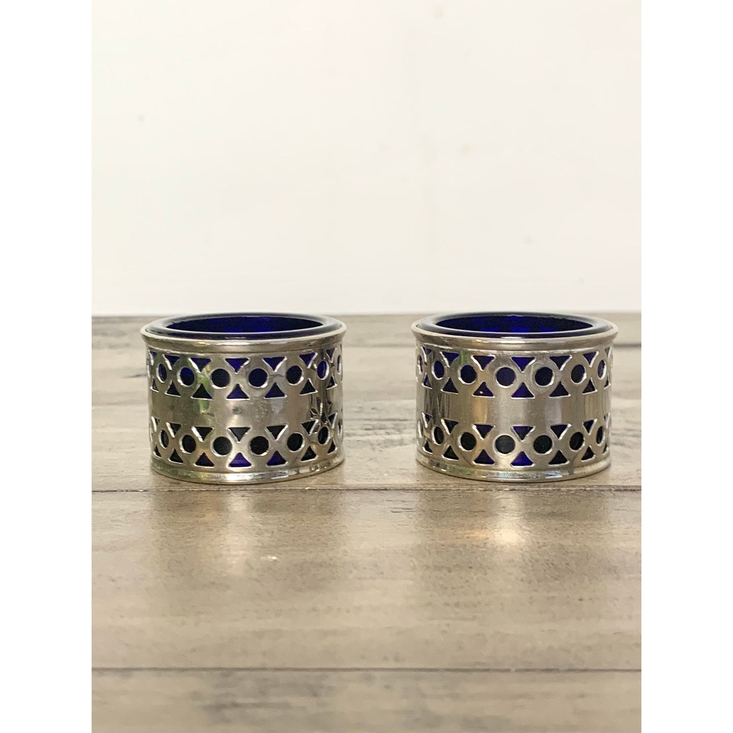 Vintage Silver EPNS Cobalt Blue Glass Salt Cellars Pair Ornate Made in England