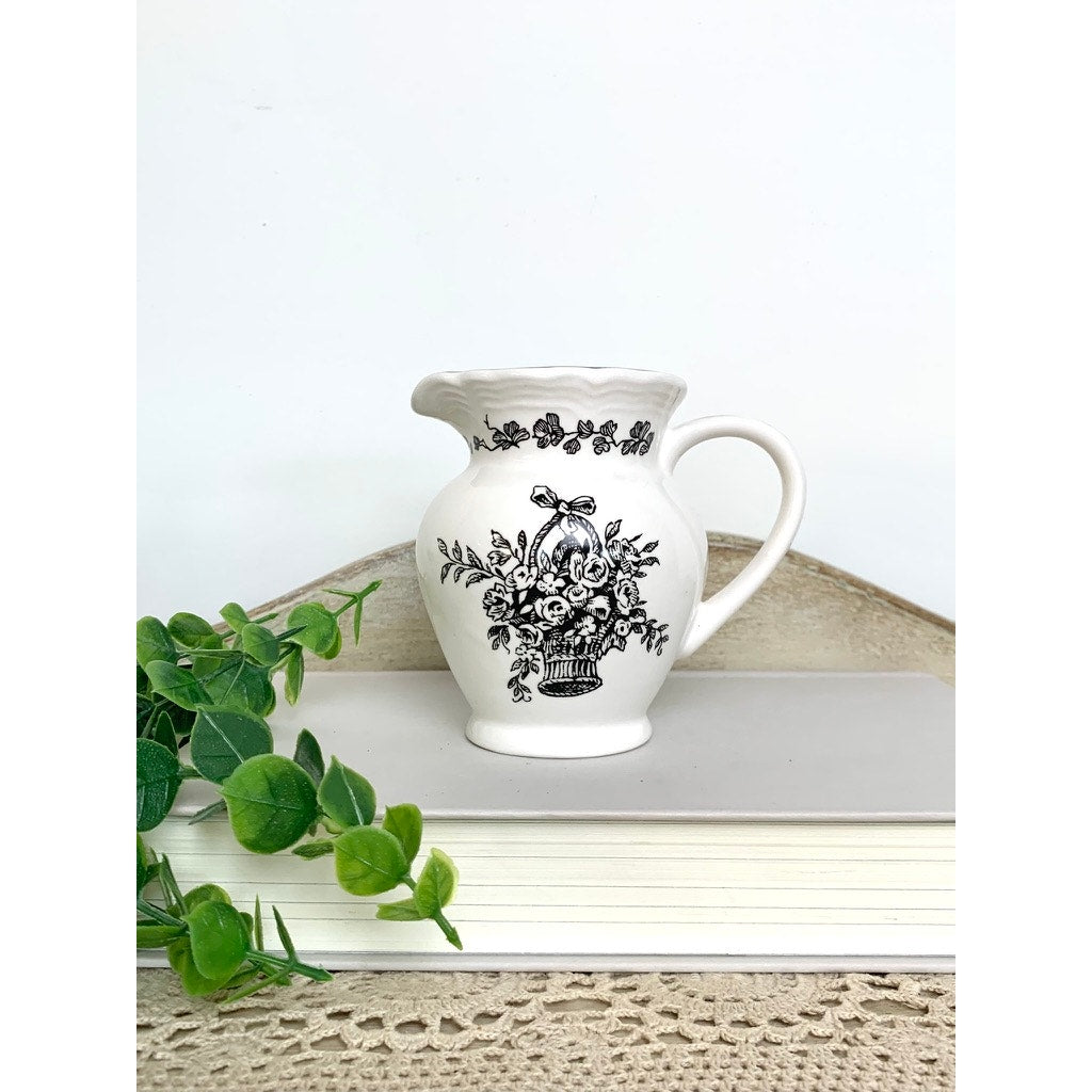 Vintage Black Transferware Creamer Vase New England Toile Farmhouse Cottage Whimsigoth