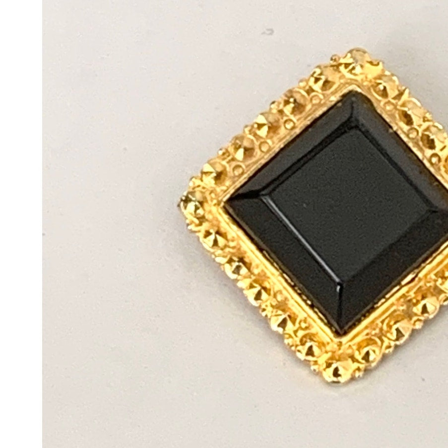 Bold Faceted Black Glass Brooch in Textured Gold Tone Frame Square Statement Pin Elegant
