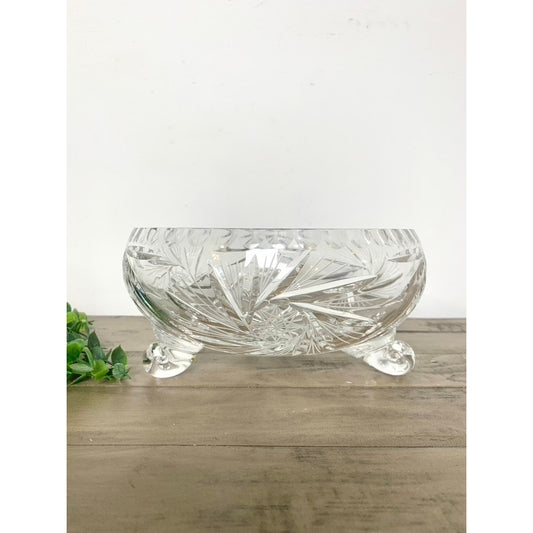 Vintage Cut Crystal Footed Bowl Starburst Centerpiece Vase Fruit Bowl on Three Feet Elegant Serving