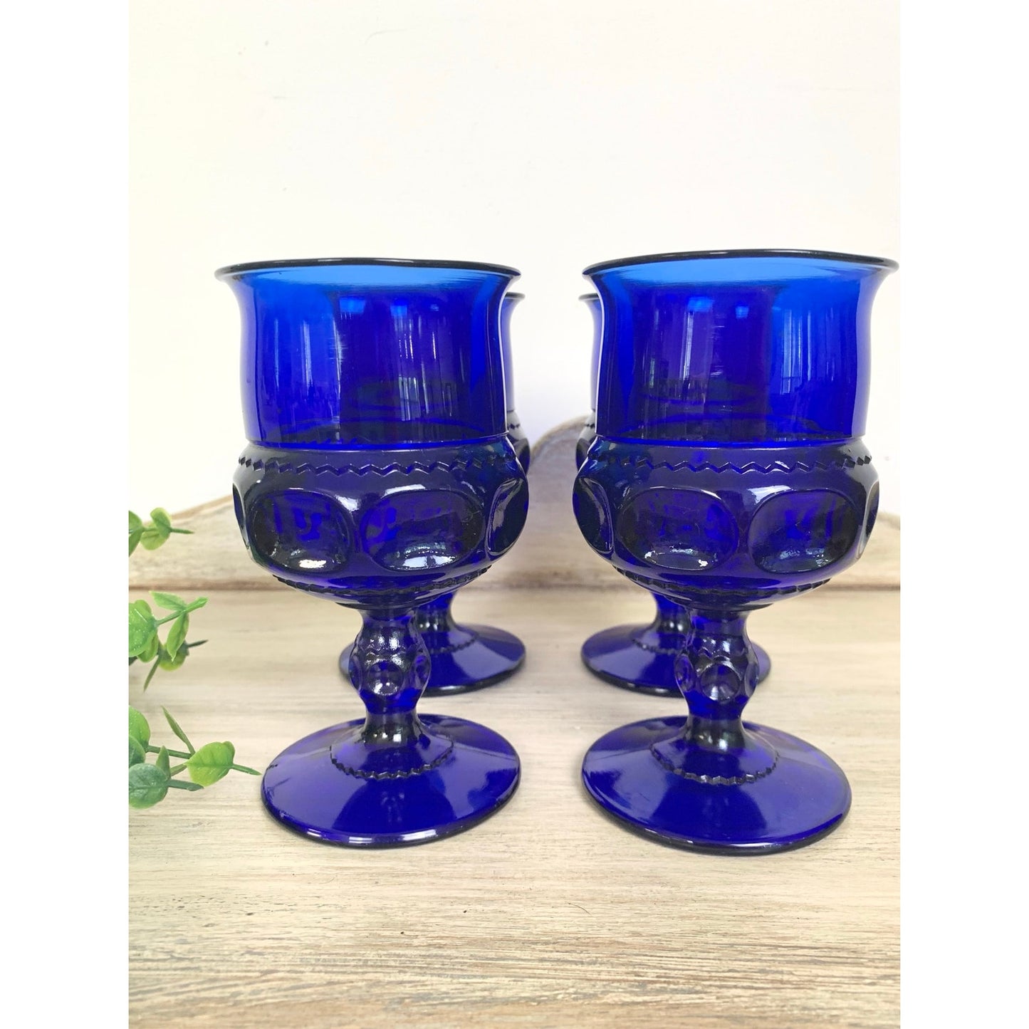 Vintage Indiana Glass Kings Crown Cobalt Blue Goblets Set of 4 Wine Glasses Mid Century