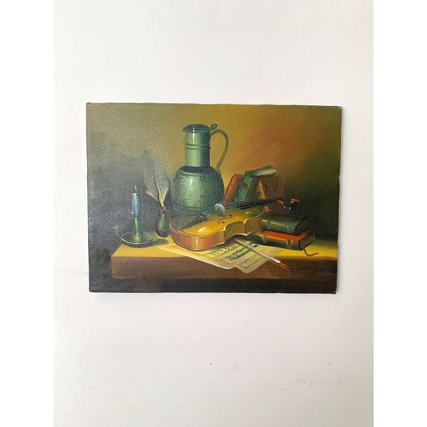 Vintage Still Life Oil Painting with Violin and Books Certified Original Signed