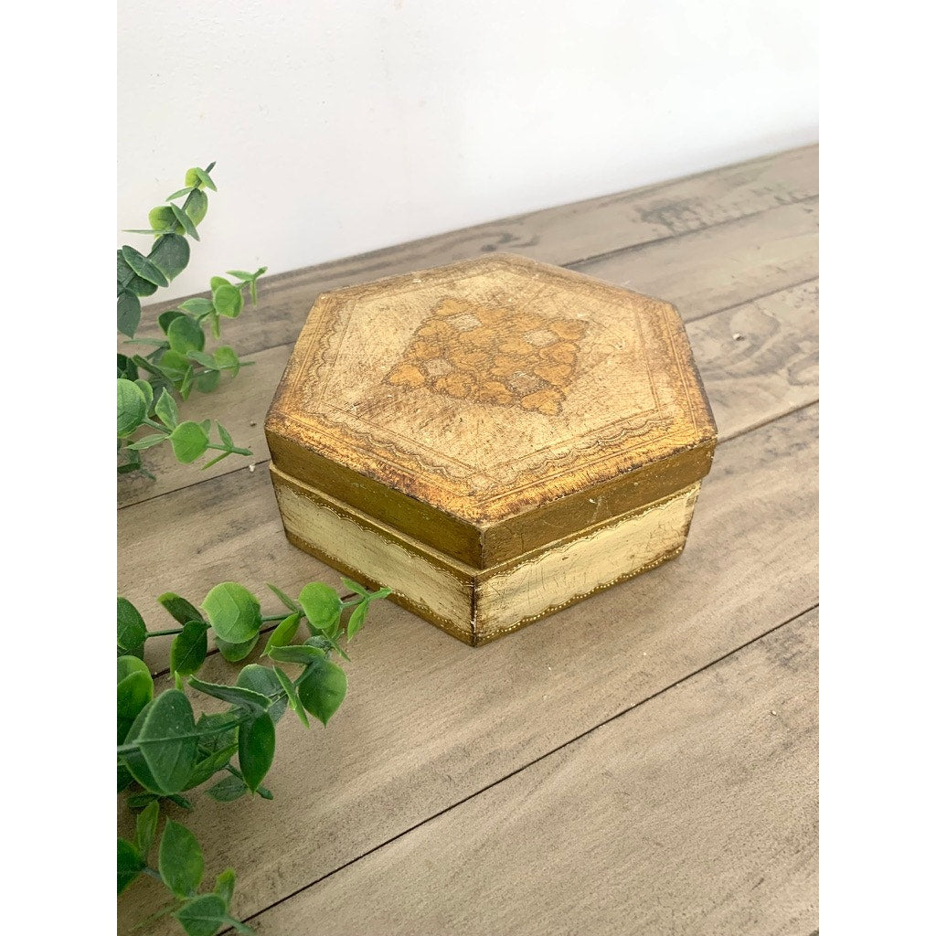 Vintage Florentine Gold Giltwood Box Made in Italy Hexagon Trinket Box Old World Regency