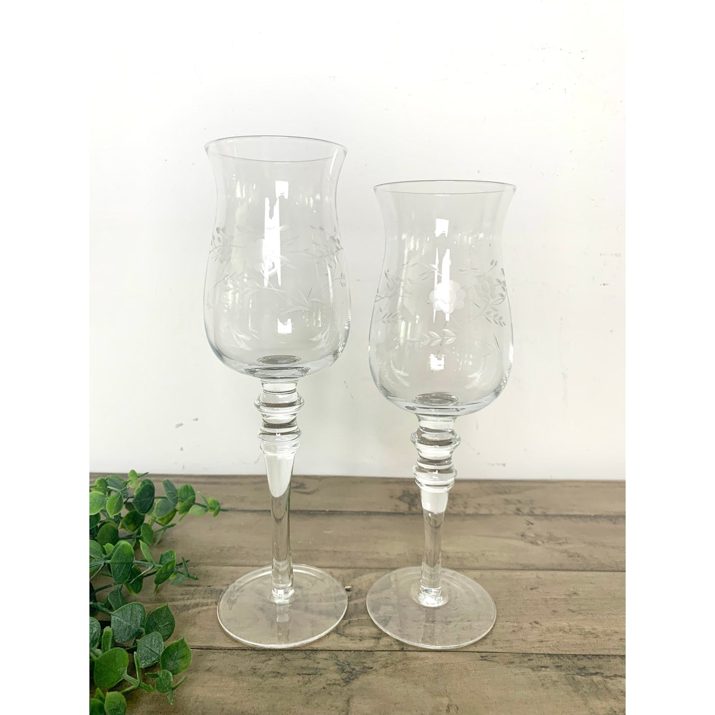 Vintage Princess House Etched Glass Hurricane Candle Holders – Floral Design, Set of 2