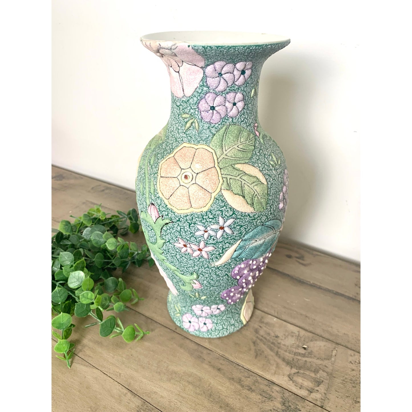 Vintage Chinese High-Relief Textured Ceramic Vase Floral & Fruit Chinoiserie 12"