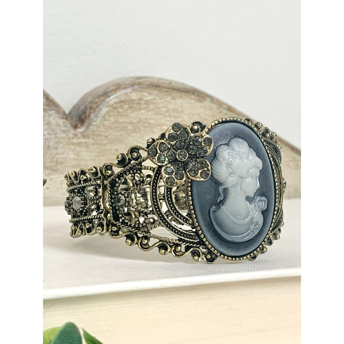 Cameo Stretch Bracelet Rhinestone Floral Victorian Revival Style Statement Jewelry