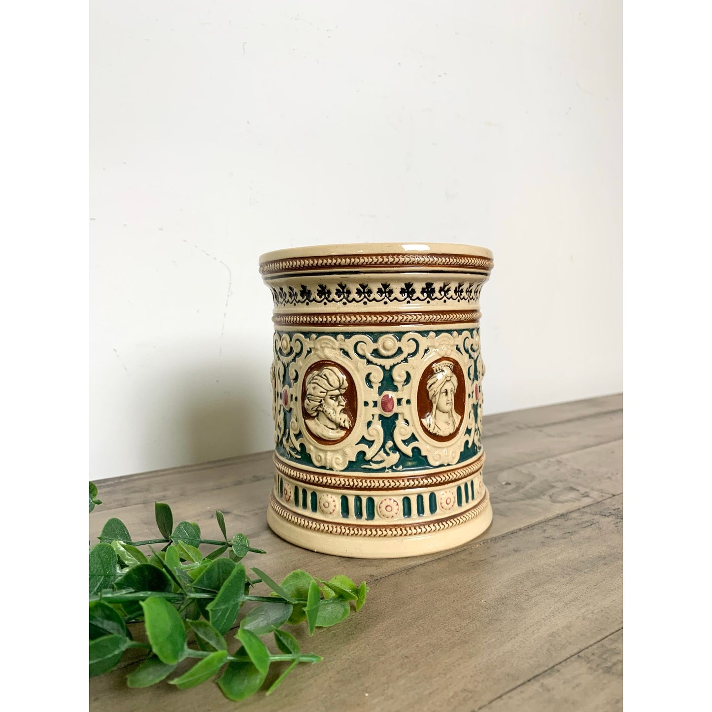 Antique German Majolica Style Pottery Jardiniere Crock Tobacco Jar Humidor