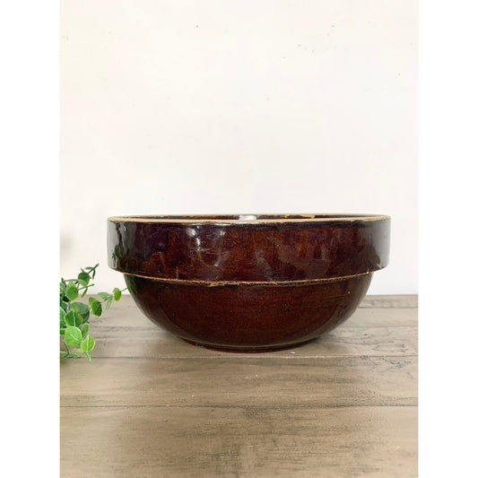 Antique Yellowware Brown Glaze Stoneware Mixing Bowl 10.75 Inch Cottagecore Farmhouse
