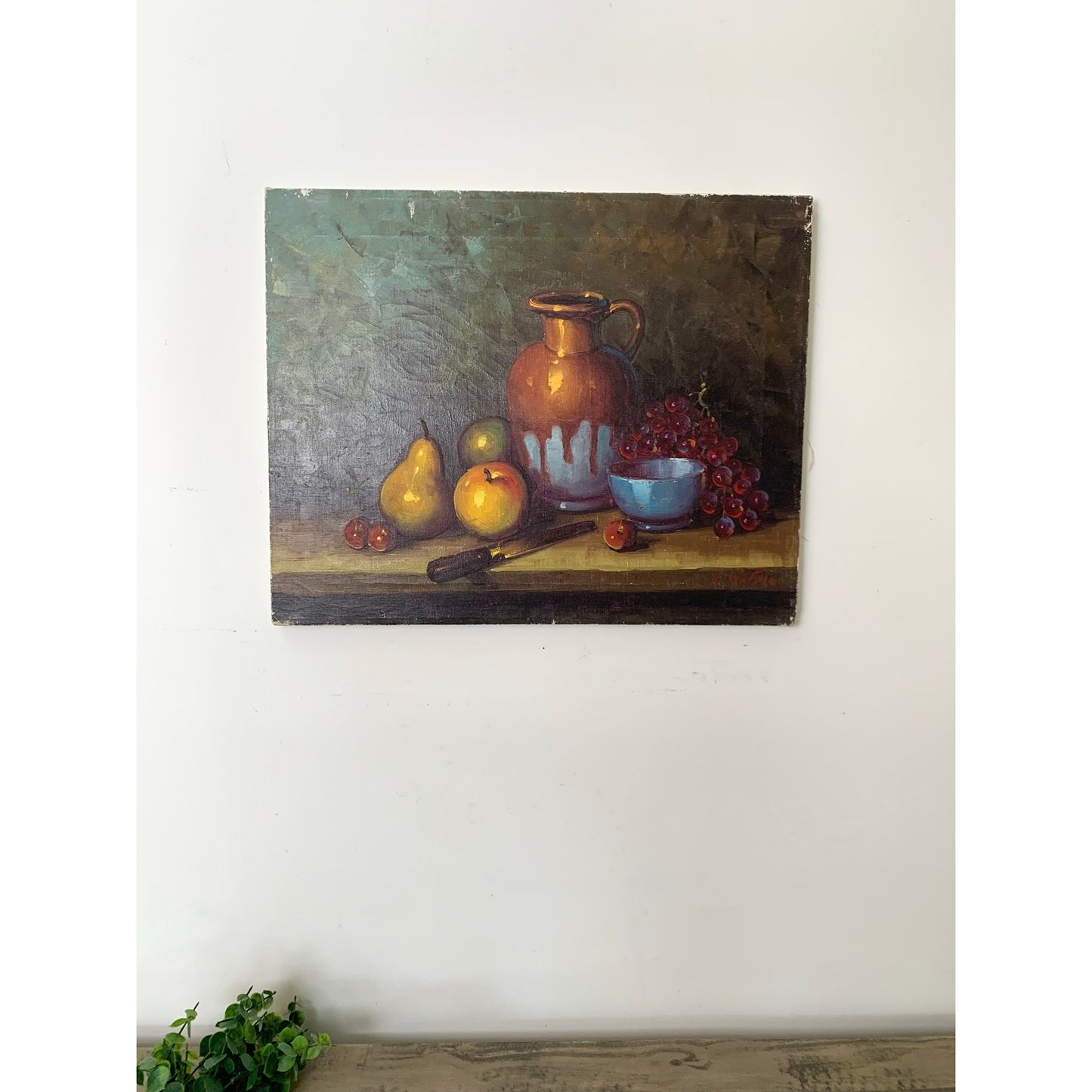 Vintage Still Life Oil Painting on Canvas Signed V Watson Rustic Fruit Art Moody