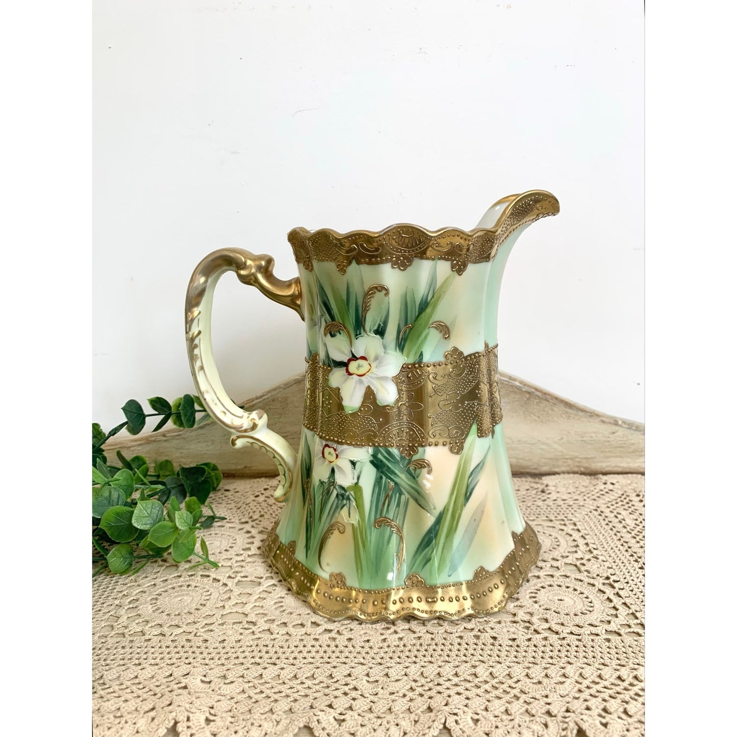 Antique Hand Painted Nippon Porcelain Pitcher Vase Floral Gold Romantic Cottage