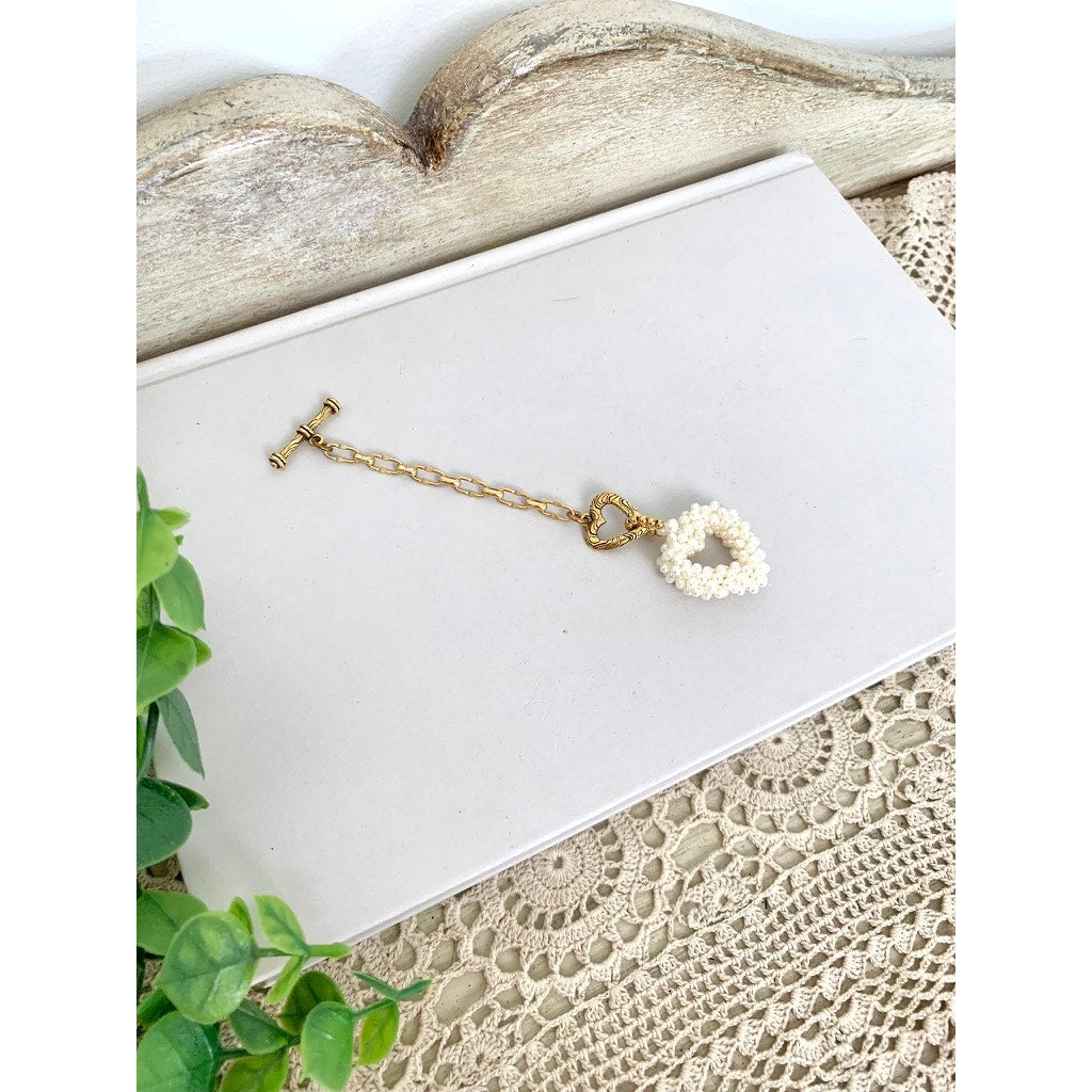 Beaded Pearl Heart Charm Gold Tone Toggle Extender Purse Keychain Romantic Jewelry