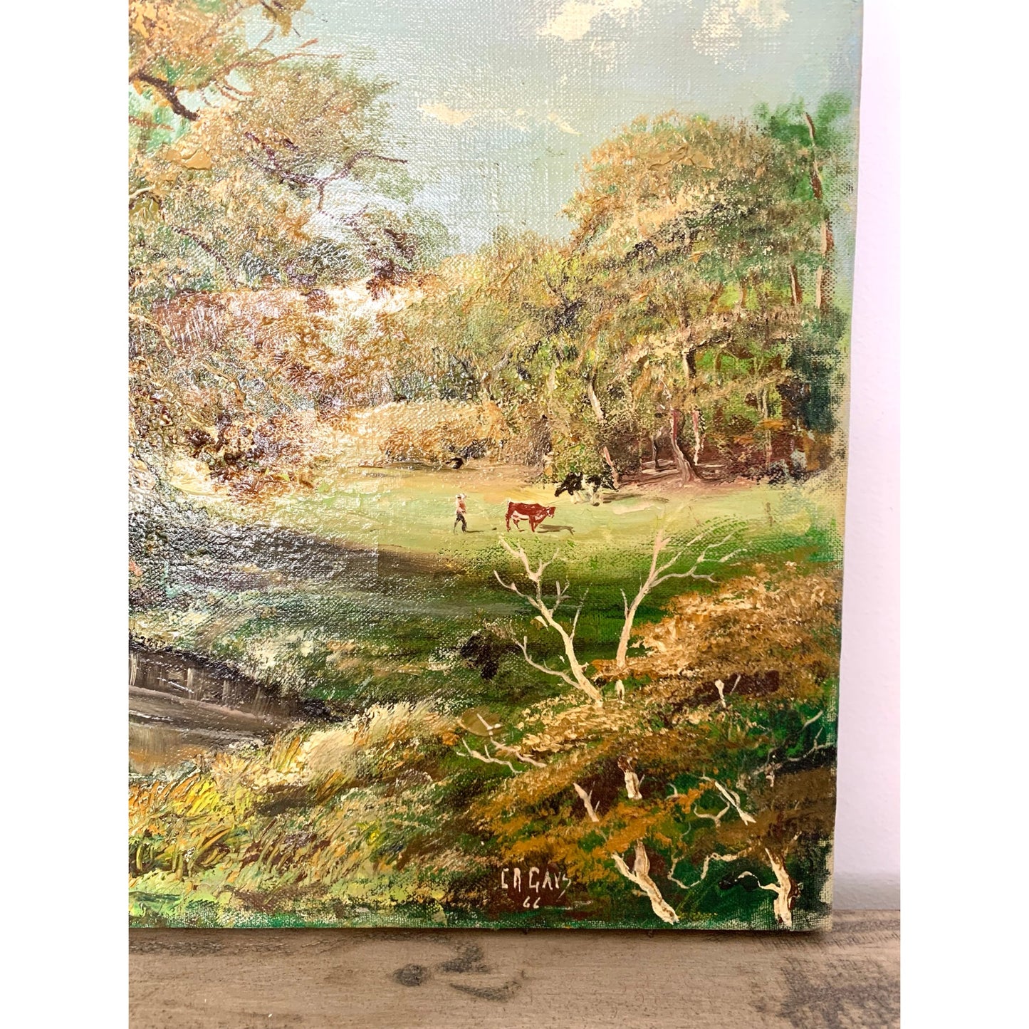 Vintage 1966 Landscape Oil Painting on Canvas – Signed C.A. Gays – Mid Century Original Farm Scene with Tree & Pond