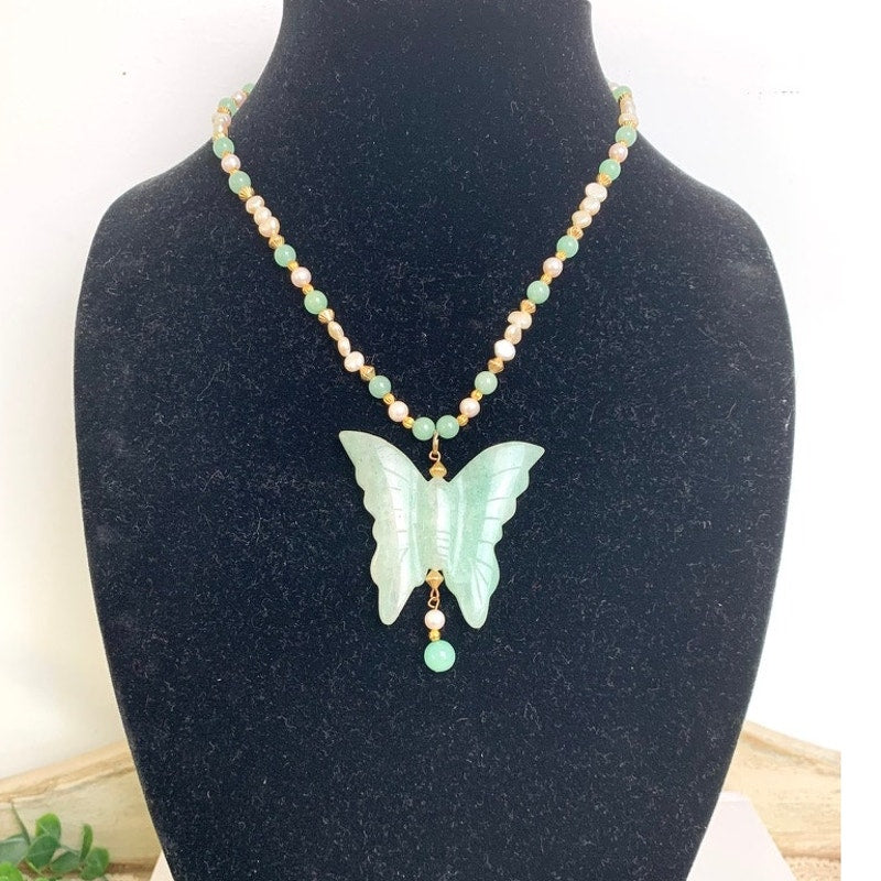 Vintage Jade Butterfly Pendant Necklace Pearl Beaded Green Stone Statement
