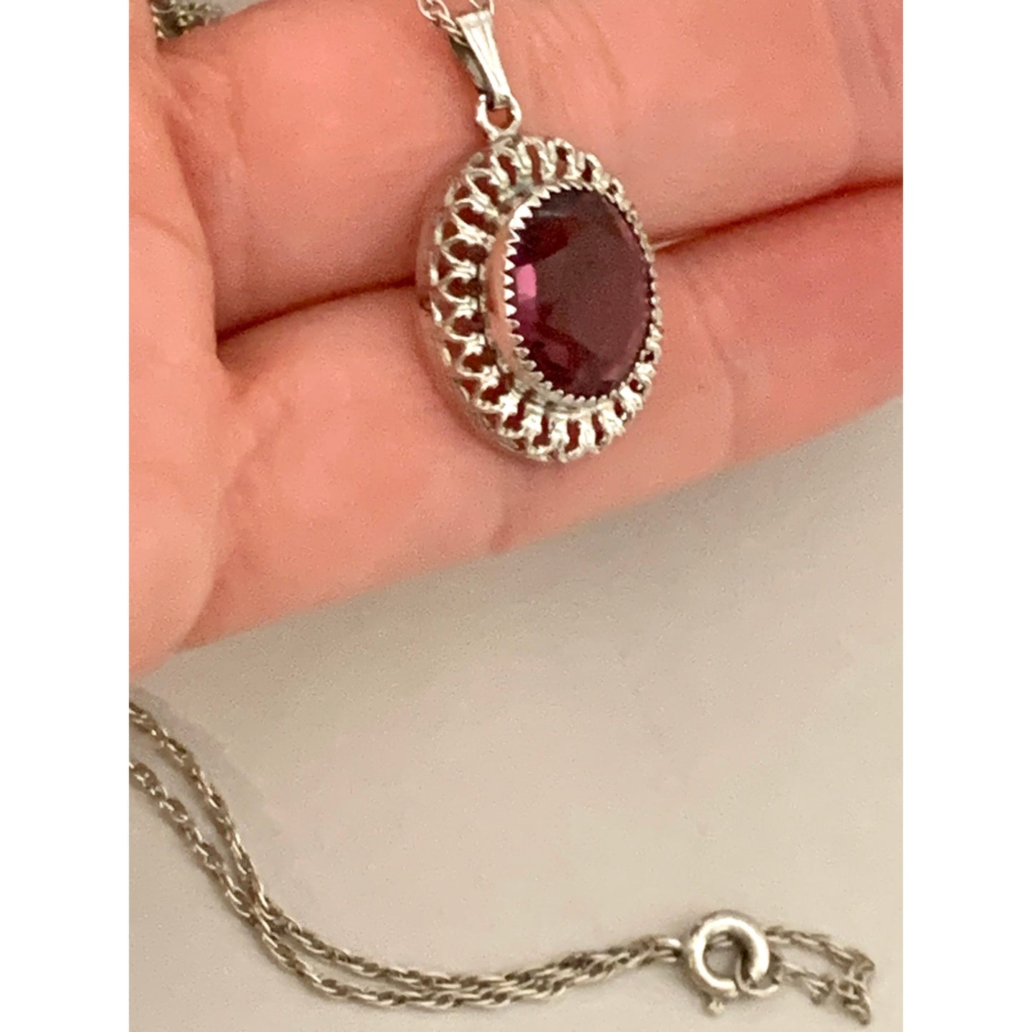 Vintage Sterling Silver Amethyst Purple Halo Pendant Necklace 25 Inch Chain