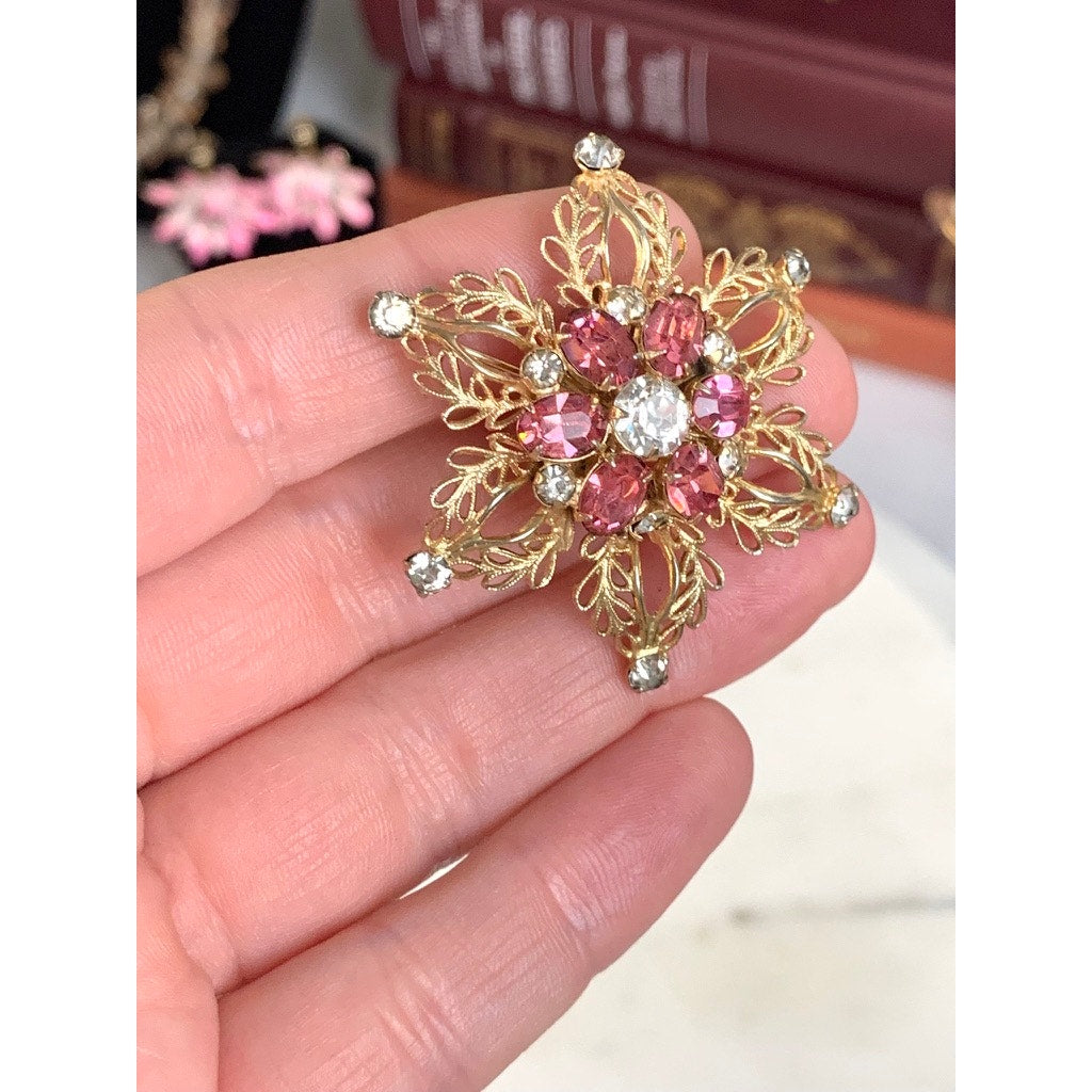 Vintage Scitarelli Pink Rhinestone Starburst Brooch Pendant Gold Tone Filigree Mid Century