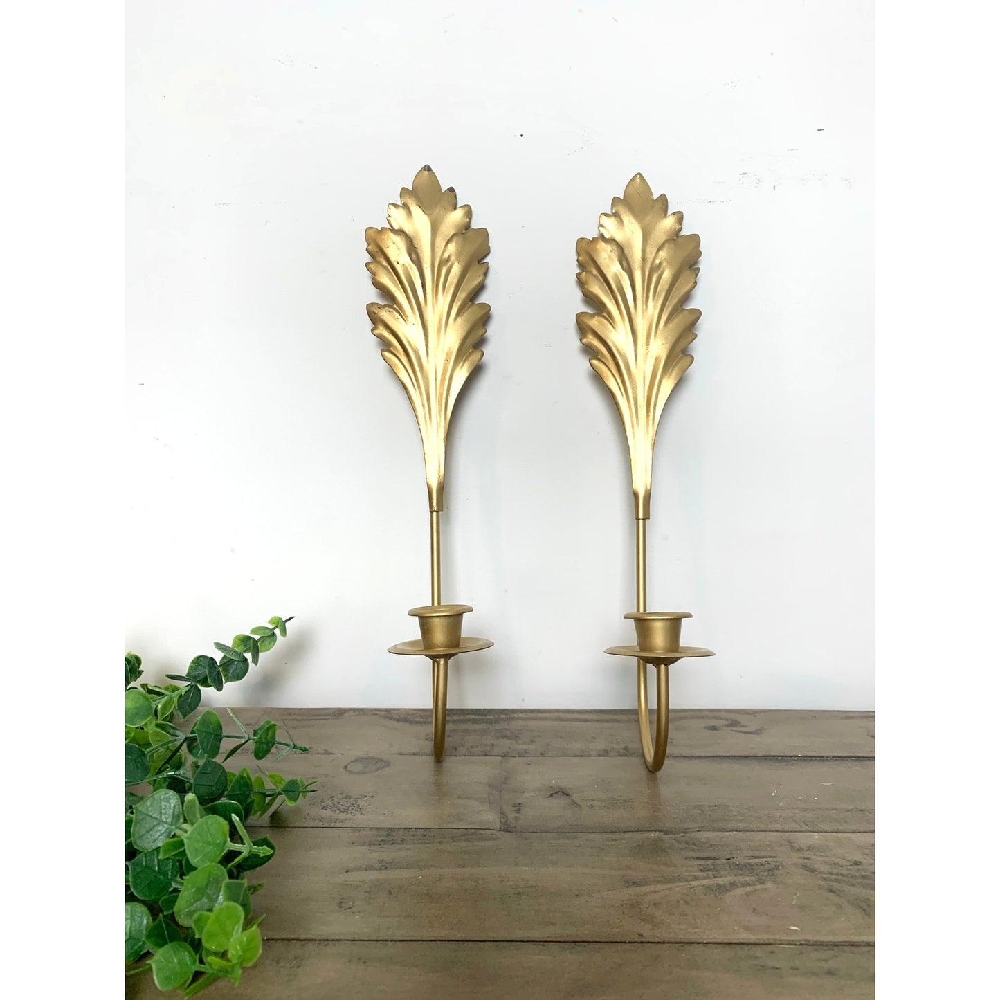 Vintage Gold Leaf Wall Sconces Pair Candleholders Hollywood Regency 15.5 Mid Century Glam