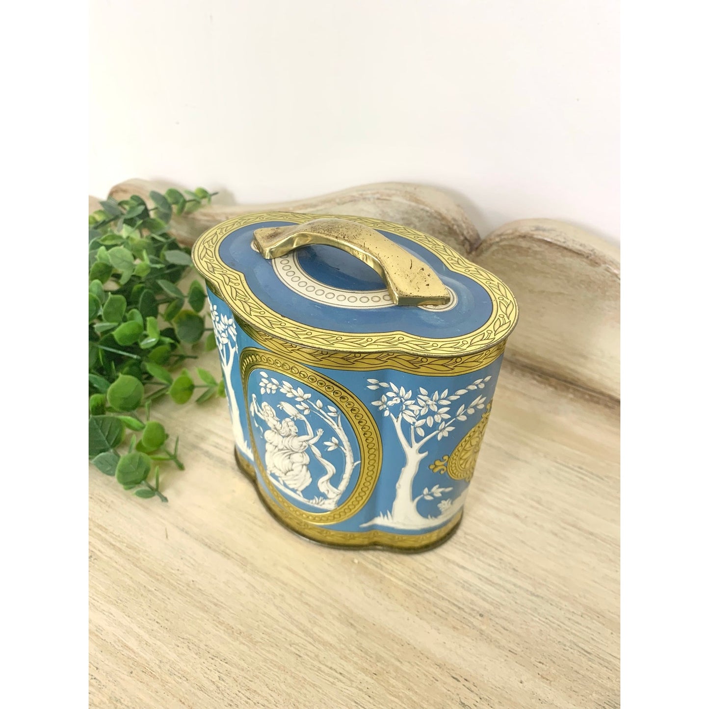 Vintage Tin Canister Murray Allen Grecian Figural Blue Gold Made in England Victorian Style