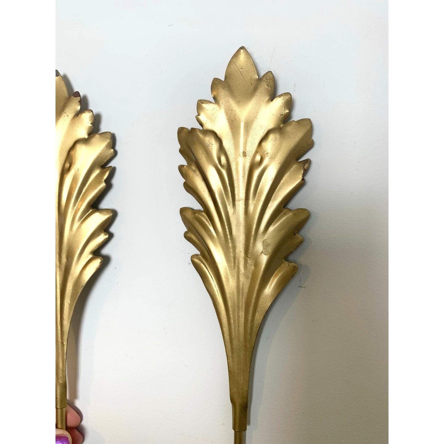 Vintage Gold Leaf Wall Sconces Pair Candleholders Hollywood Regency 15.5 Mid Century Glam