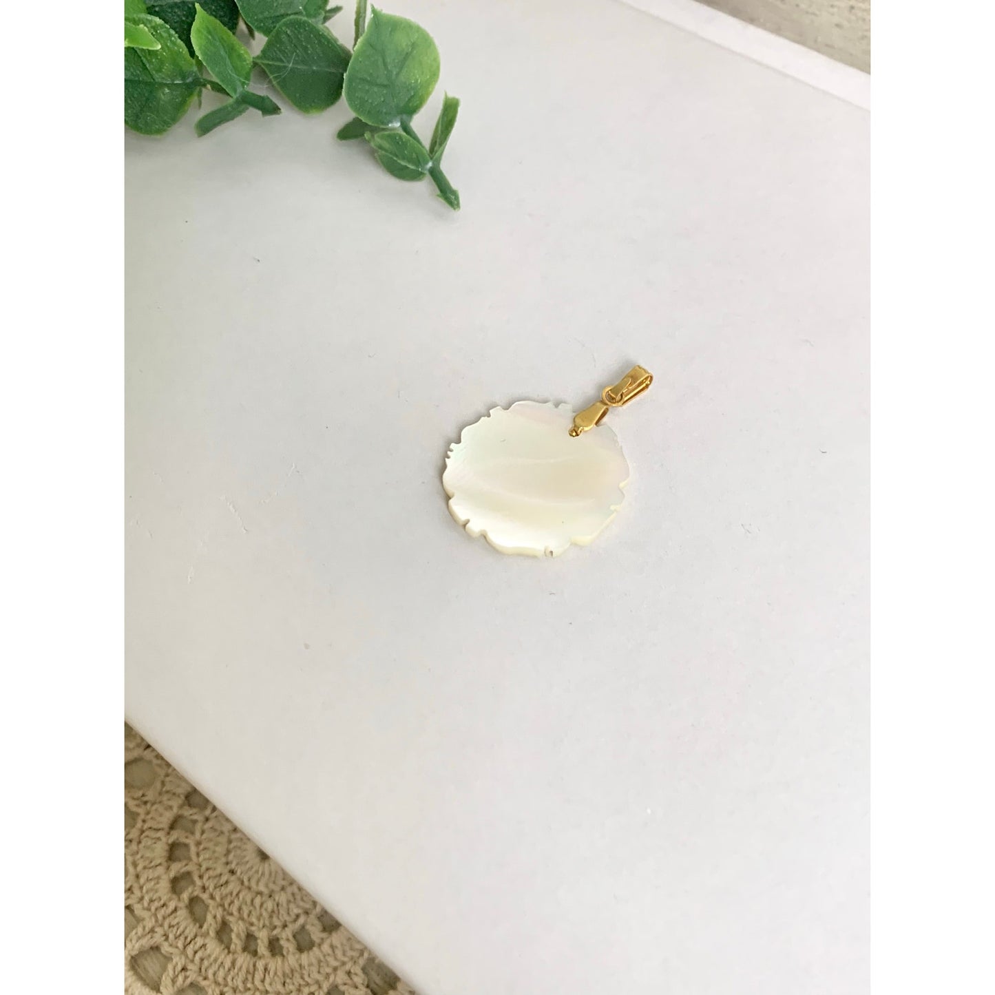 Vintage Mother of Pearl Flower Pendant Gold Tone Bale Carved Shell Charm Rose